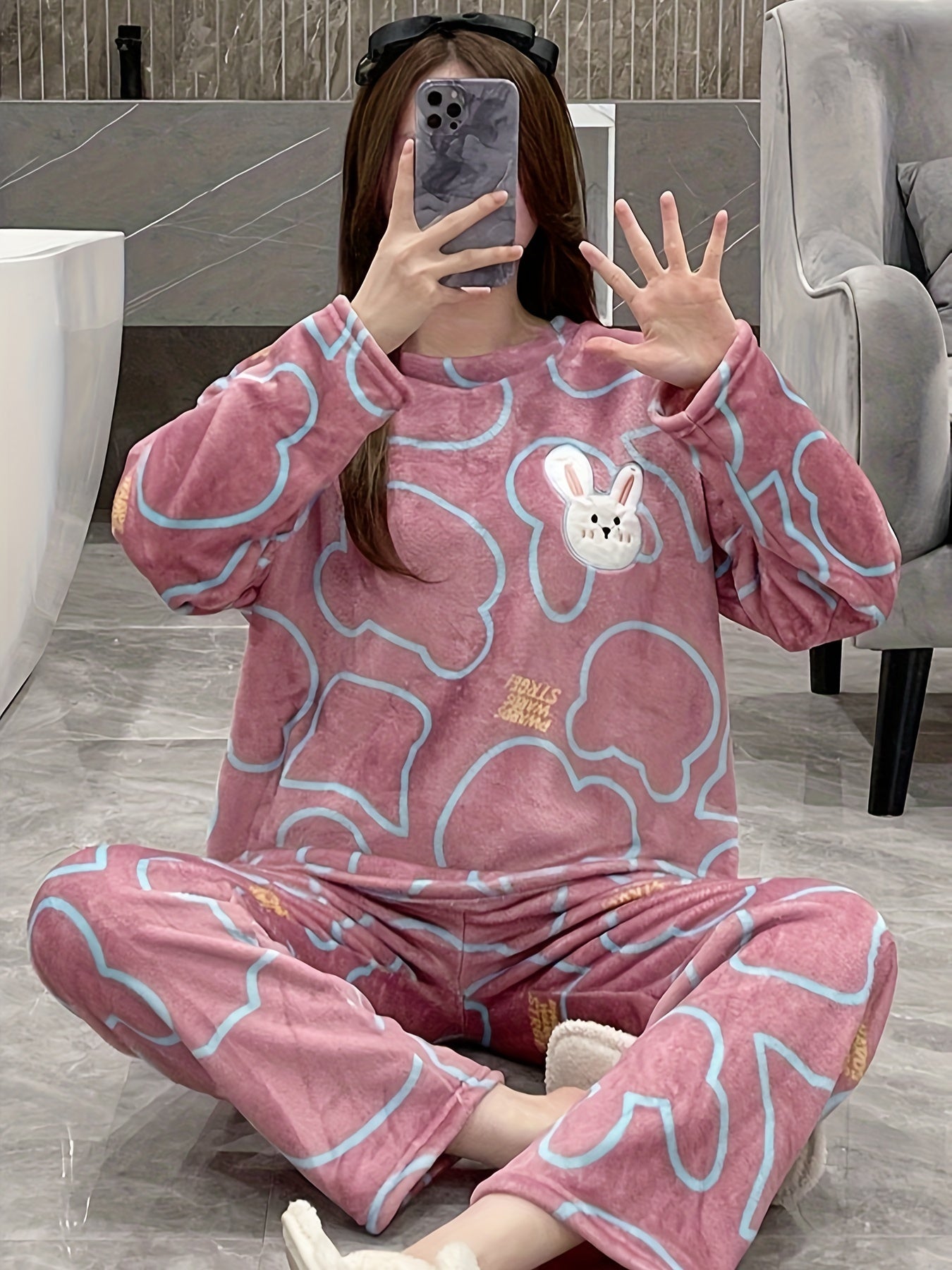 Bunny Print Fuzzy Pajama Set Long Sleeve Crew Neck Top & Elastic Waistband Pants
