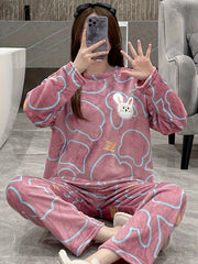 Bunny Print Fuzzy Pajama Set Long Sleeve Crew Neck Top & Elastic Waistband Pants