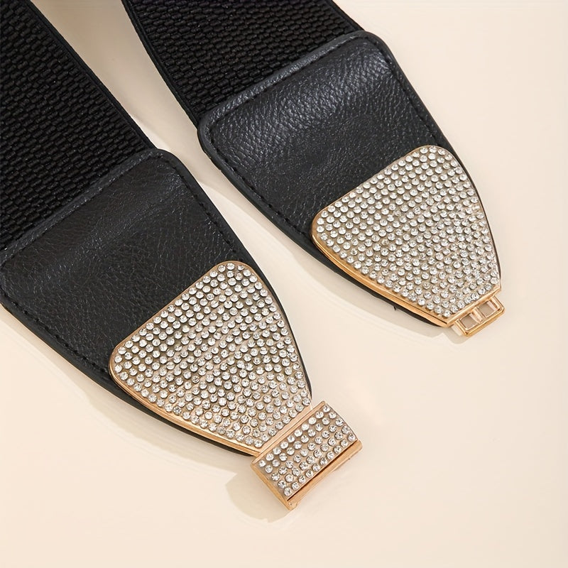 Rhinestone Bow Buckle Belt Wide PU Elastic Waistband