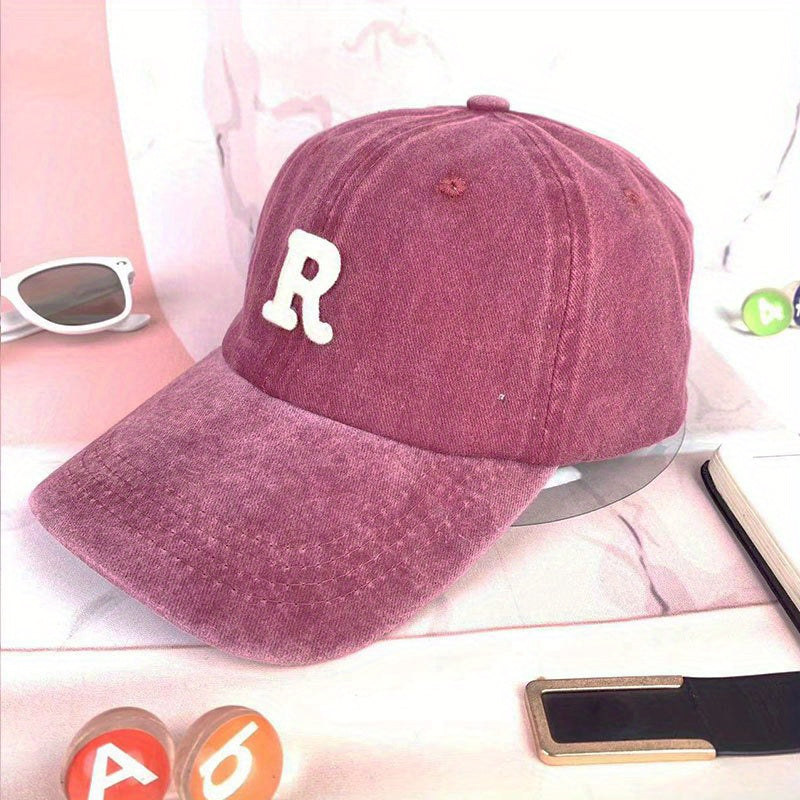 R Shaped Washed Baseball Cap Sun Hat for Men and Women