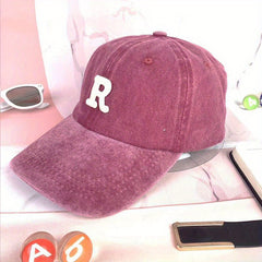 R Shaped Washed Baseball Cap Sun Hat for Men and Women