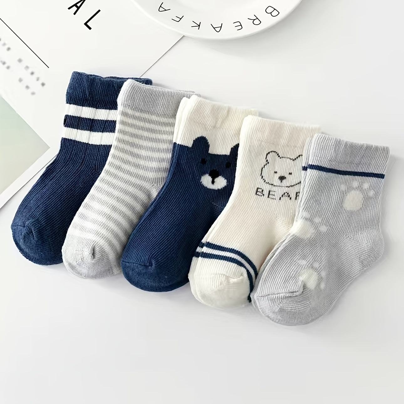 5 Pairs Kids Bear Pattern Striped Knitted Crew Socks