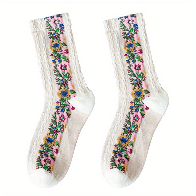 Floral Print Mid Tube Socks Retro Ethnic Style Women's Stockings