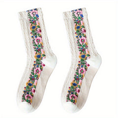Floral Print Mid Tube Socks Retro Ethnic Style Women's Stockings