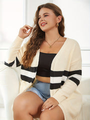 Plus Stripe Long Sleeve Cardigan with Pockets