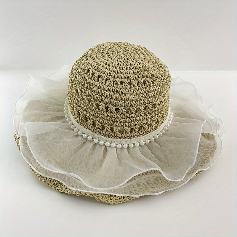 Ruffled Sun Hat Lace Straw Bucket Hat