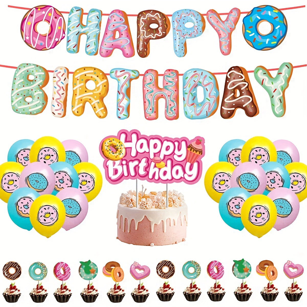 32pc Donut Birthday Party Set Pull Flag Cake Insert Balloon Supplies