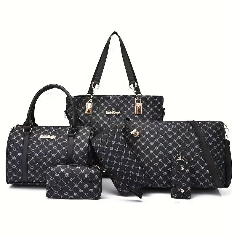 6pcs Geometric Print Tote Bag Set Stylish Handbag and Crossbody Bag