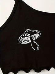 Mushroom Print Lounge Set Sleeveless Cami Crop Top & Bow Elastic Shorts