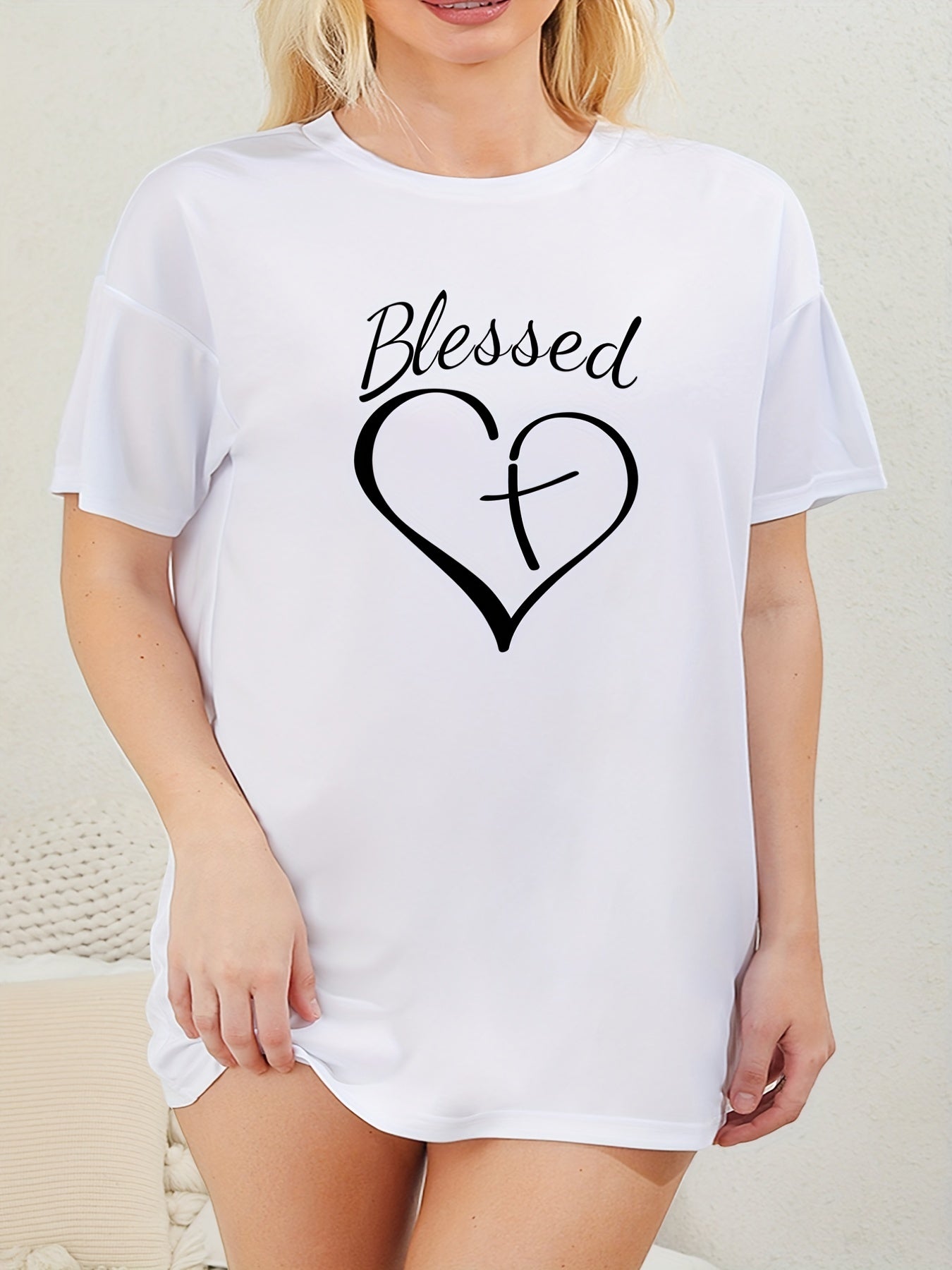 Heart & Letter Print Crew Neck Sleep Dress