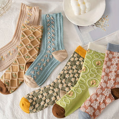 6 Pairs 3D Floral Textured Socks Retro Style Mid Tube Women's Stockings