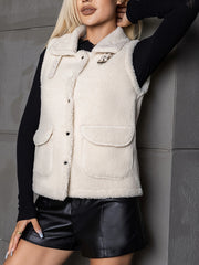 Plush Sleeveless Jacket with Dual Pockets for Women