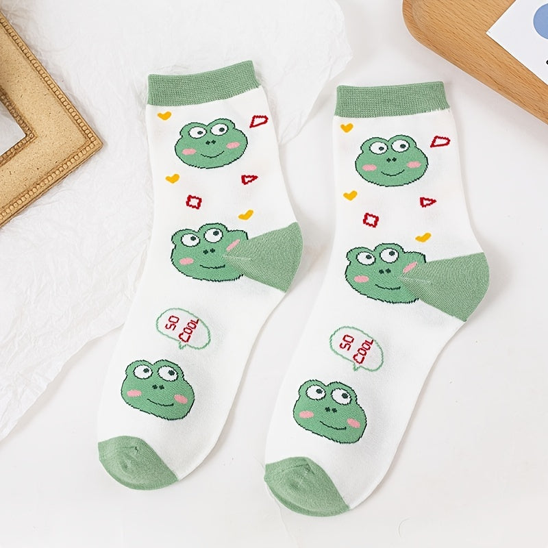 5 Pairs Cartoon Frog Mid Tube Socks Women's Stockings