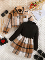 Girl's Plaid Outfit 2pcs Button Jacket & Turtleneck Dress Set