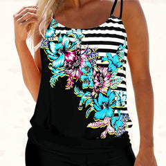 Floral & Striped Print Tankini Set