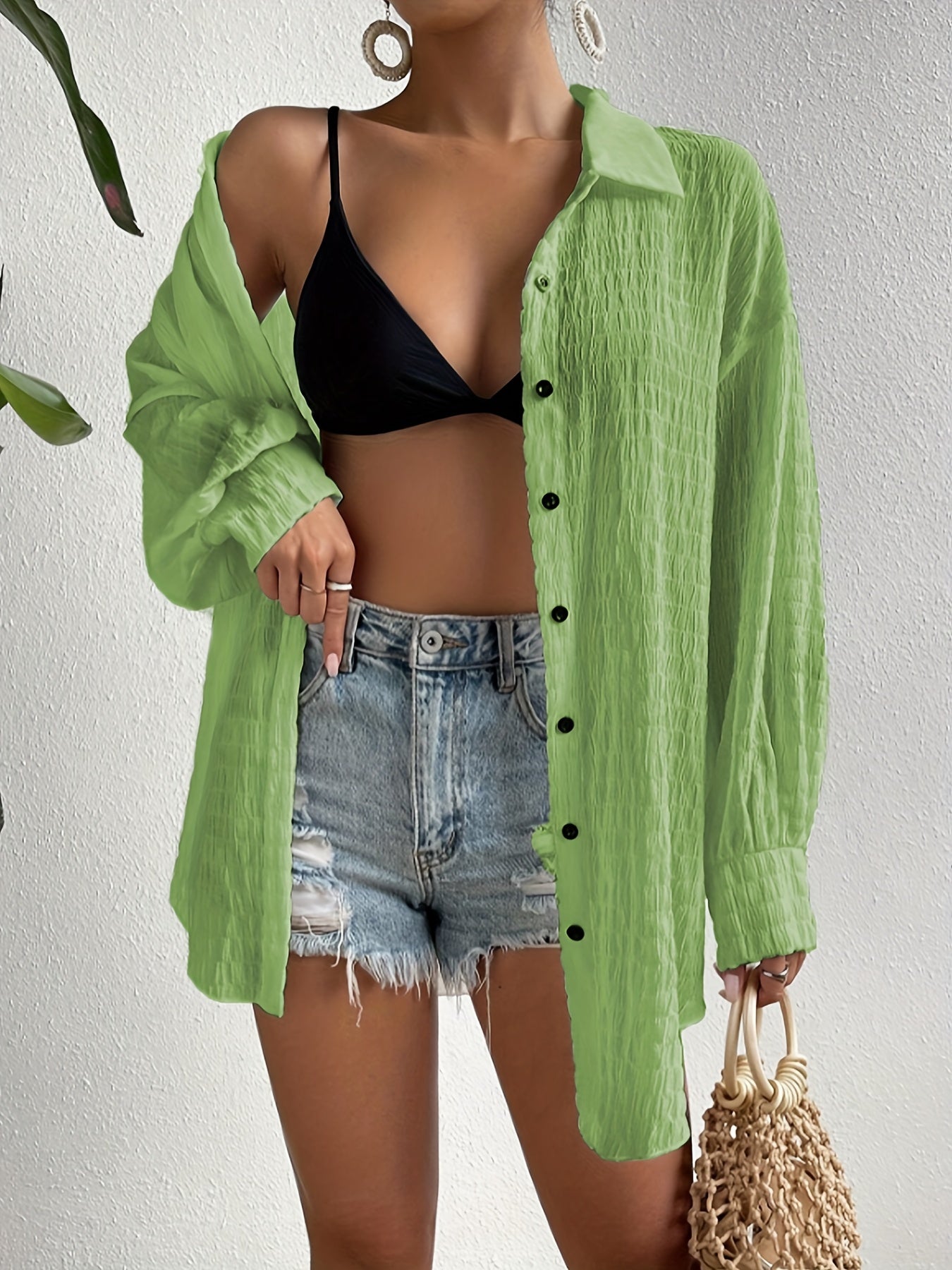 Shirred Single breasted Plain Cover Up Shirts Long Sleeve