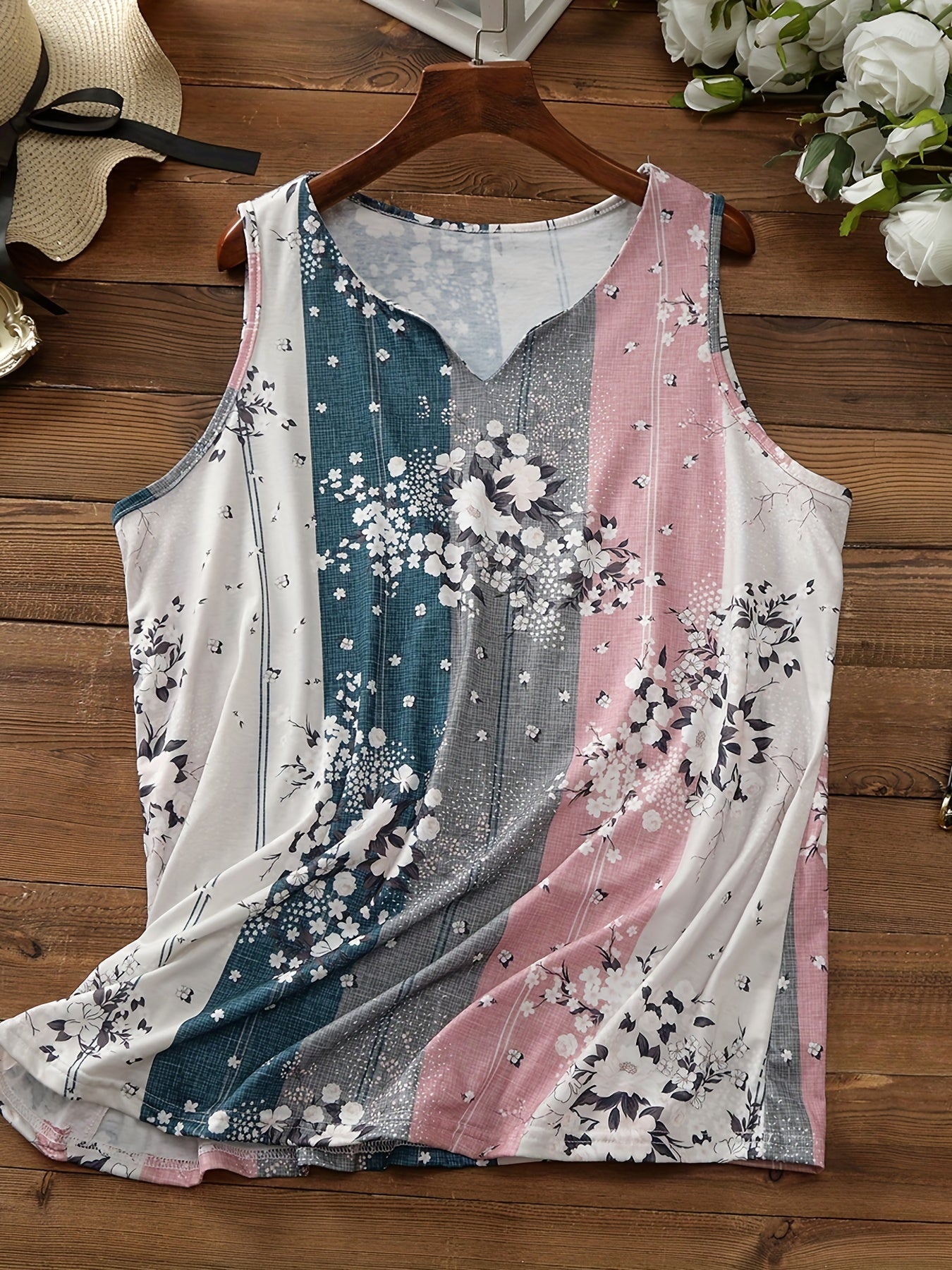 Floral Print Notched Neck Tank Top