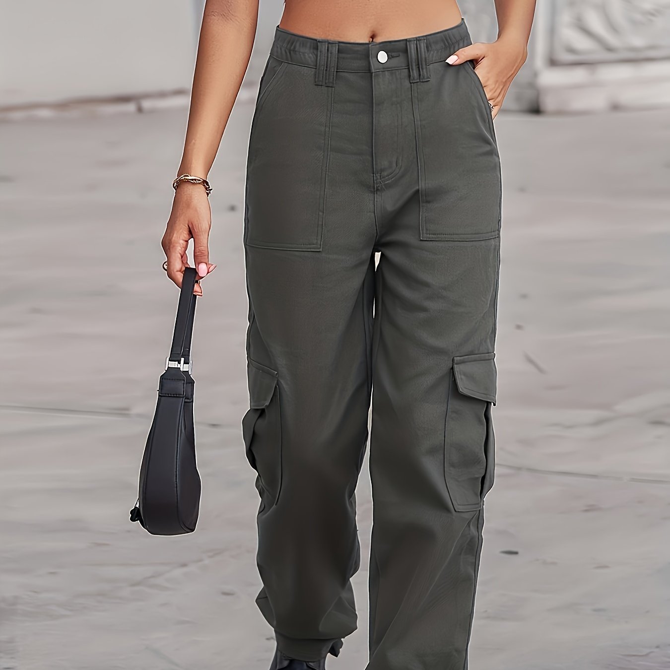 Loose Fit Cargo Denim Pants Mid Waist Straight Legs Denim Pants