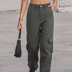 Loose Fit Cargo Denim Pants Mid Waist Straight Legs Denim Pants