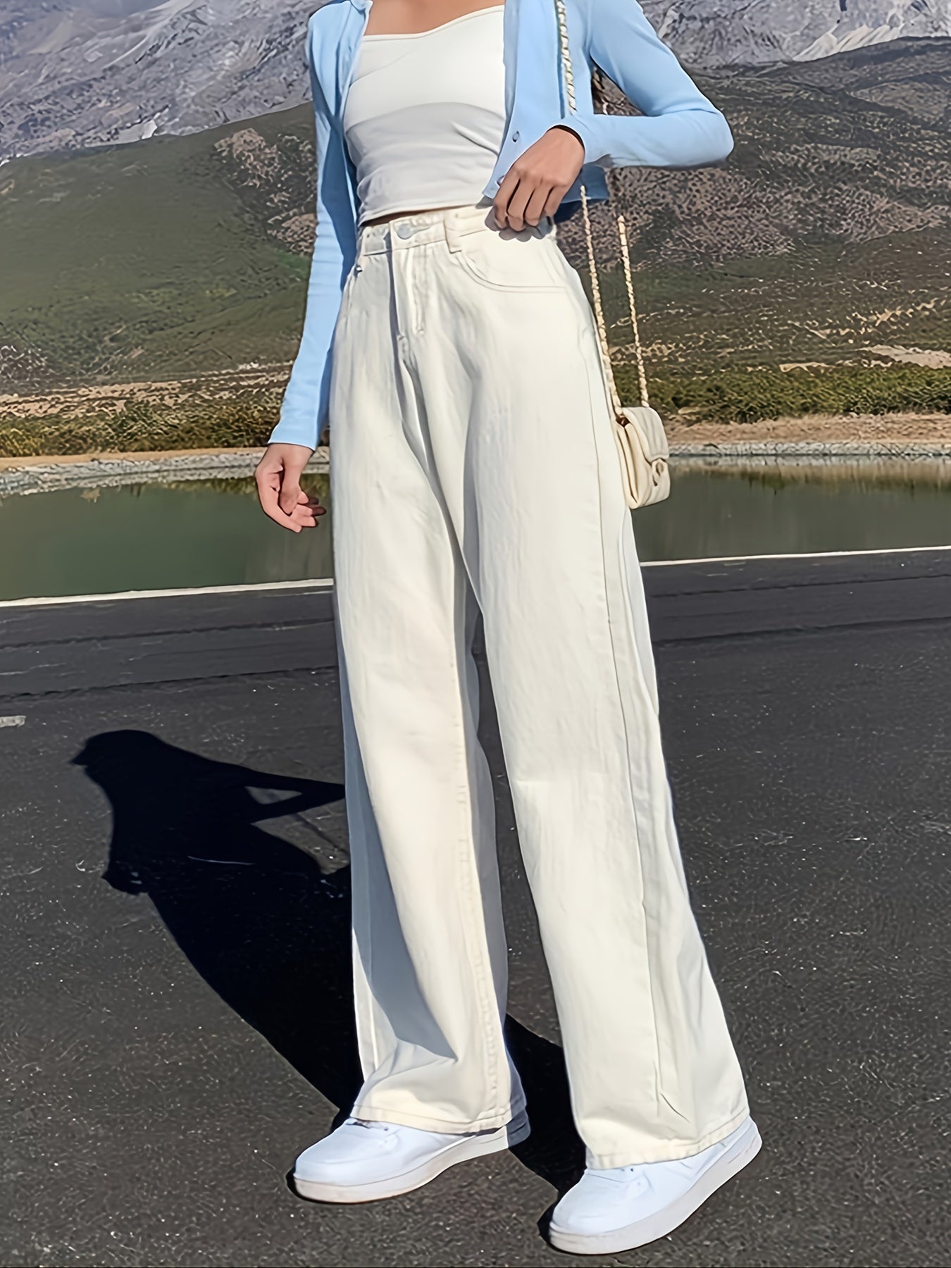 Solid Loose High Rise Denim Pants Wide Leg Jeans