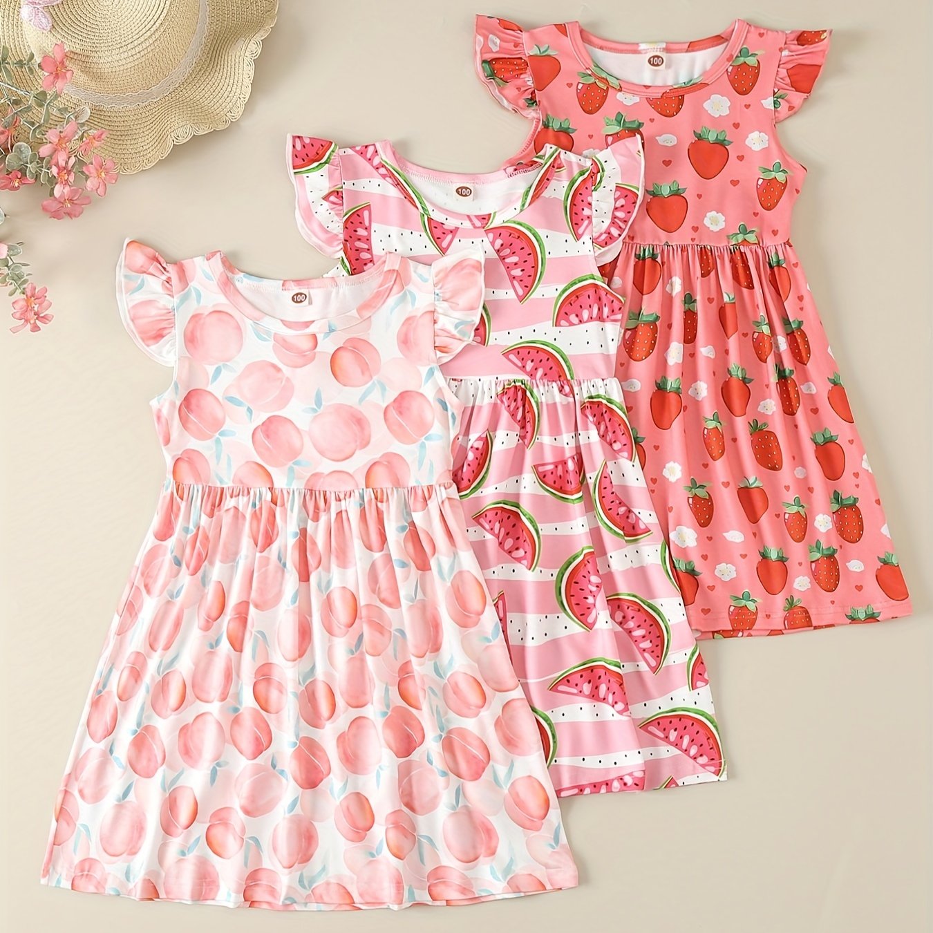 3pcs Girls Fruits Short Sleeve Princess Dress Beach Vacation