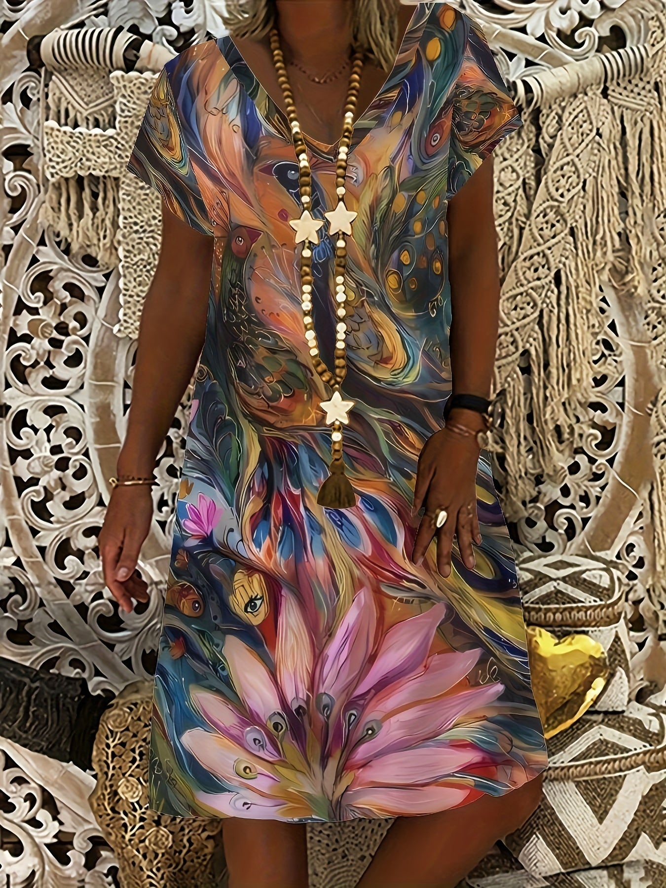 Abstract Print T Shirt Dresses Short Sleeve V Neck Causal Dresses