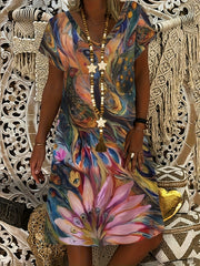 Abstract Print T Shirt Dresses Short Sleeve V Neck Causal Dresses