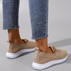Women's Knitted Flat Shoes with Metal Chain Slip On Casual Walking Shoes