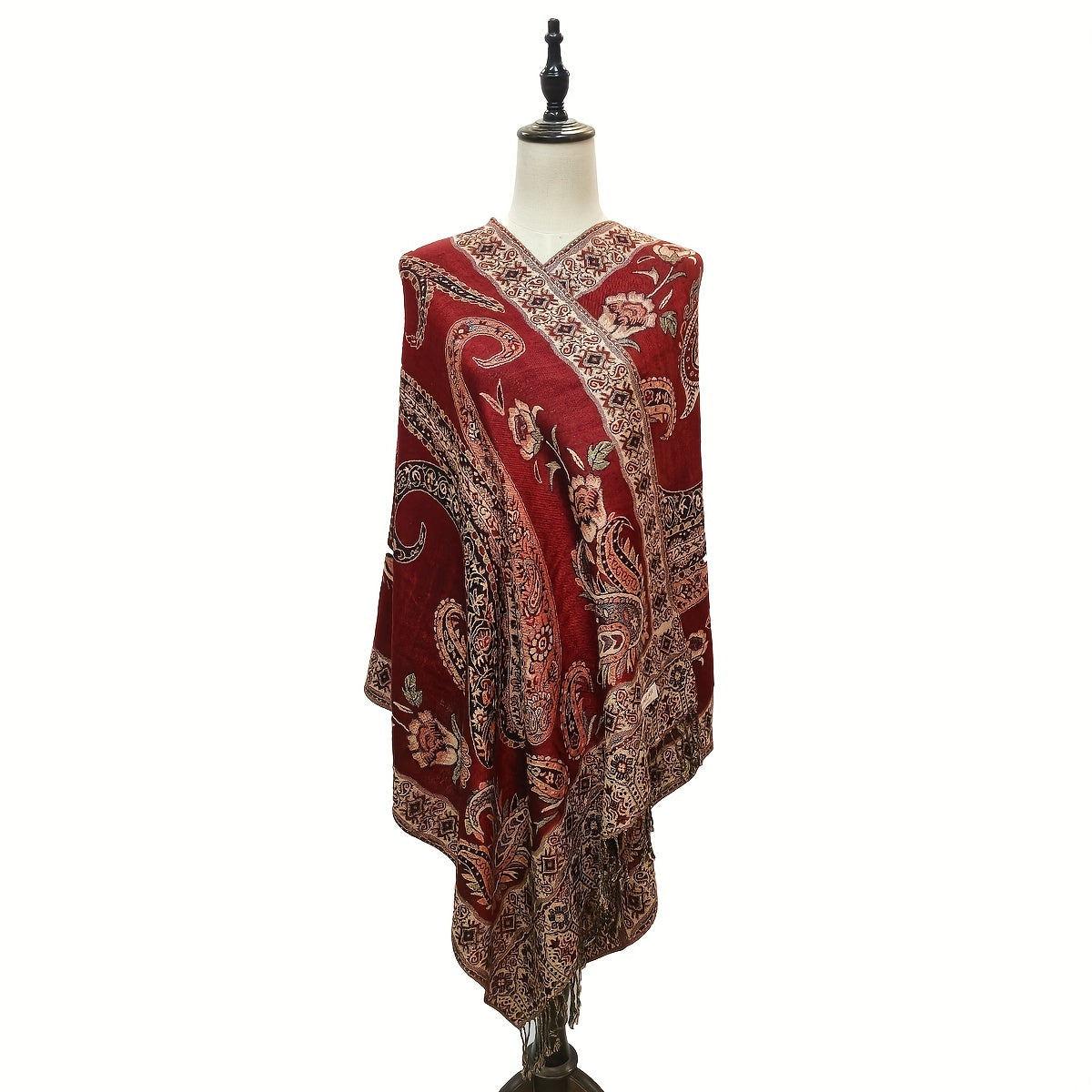 Vintage Paisley Jacquard Large Shawl Tassel Cape Women