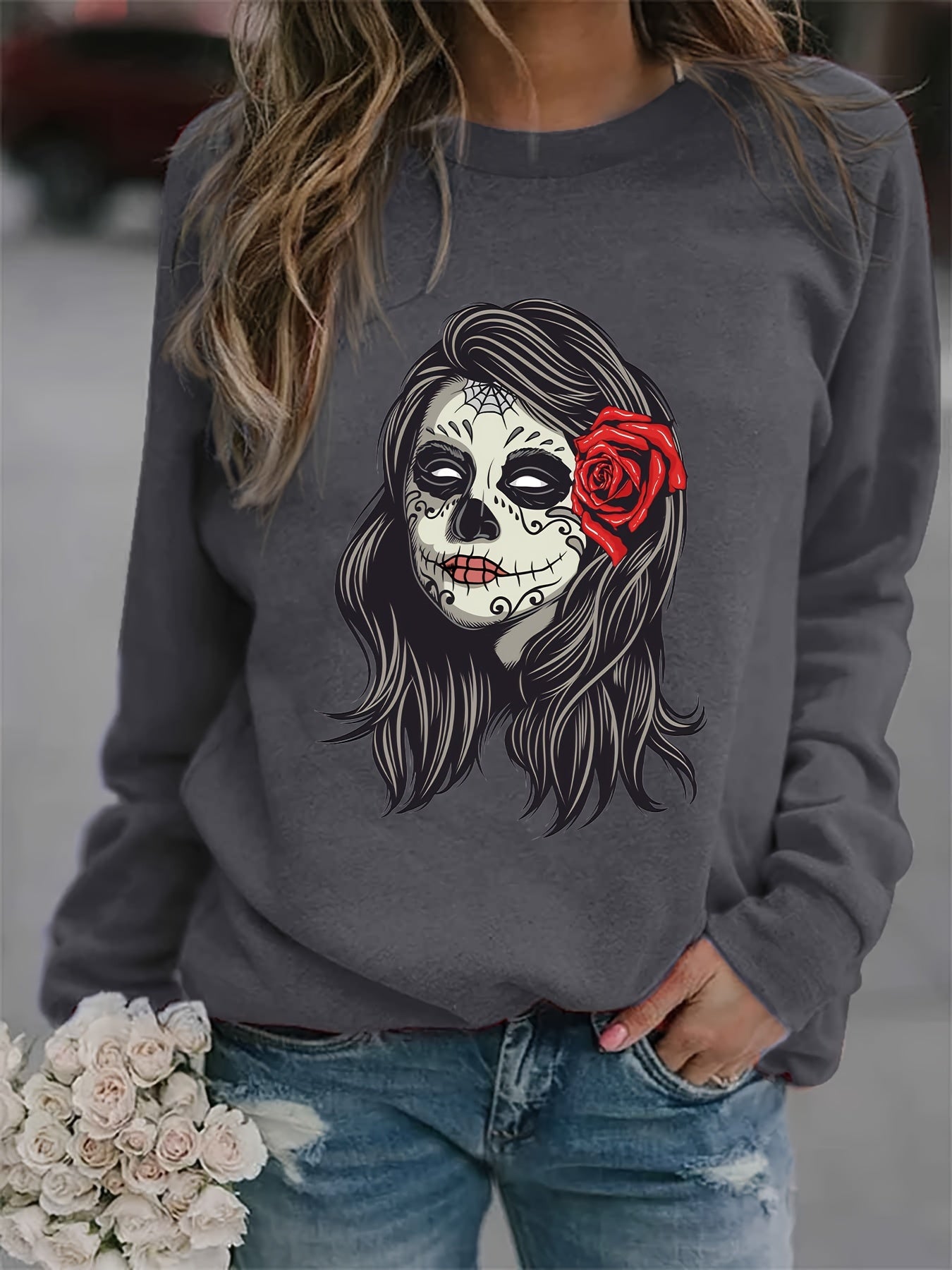 Skull Print Sweatshirt Crew Neck Long Sleeve Casual Top