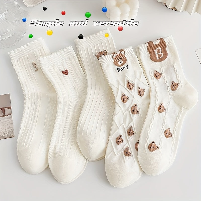 5 Pairs Cartoon Bear Print & Breathable Mid Tube Socks Women's Stockings