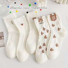 5 Pairs Cartoon Bear Print & Breathable Mid Tube Socks Women's Stockings