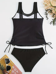 American Flag Mesh Drawstring 2 Pc Tankini Set Round Neck Stretchy Top & Bottoms