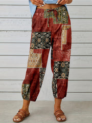 Graphic Print Tie Waist Pants Boho Summer Cropped Pants With Pockets