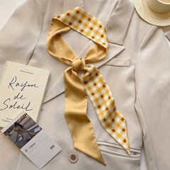 Yellow Floral Print Skinny Scarf Head Hair Ribbon Handbag Wrap Neckerchief