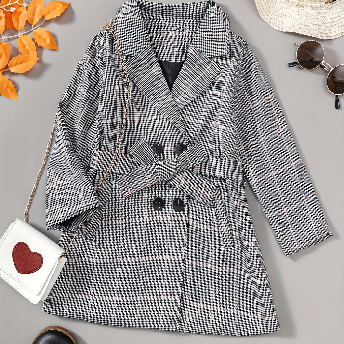 Girls Houndstooth Plaid Peacoat Jacket Kids Overcoat Fall Spring
