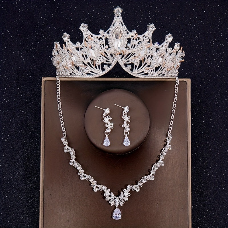 Baroque Crystal Bridal Head Jewelry Set - Tiara Crown Earring Necklace