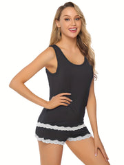 Casual Two piece Set Lace Trim Tank Top & Shorts