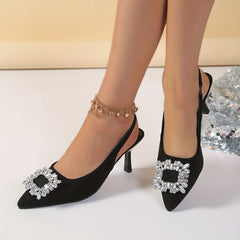 Women's Rhinestone Buckle Point Toe Slingback Cone Heel Shoes