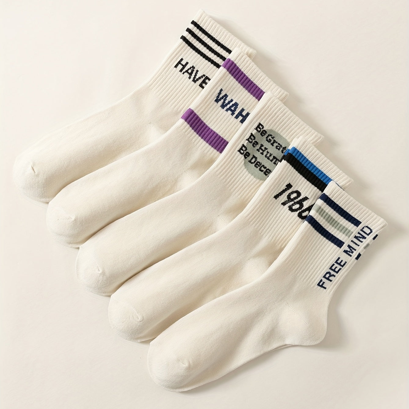 5 Pairs Letter Striped Socks Comfy & Breathable Women's Stockings