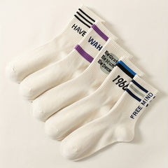 5 Pairs Letter Striped Socks Comfy & Breathable Women's Stockings