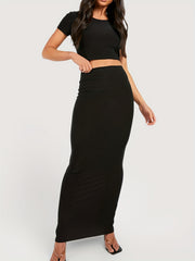Two Piece Tee & Skirt Outfits Short Sleeve Crop Tee & High Waist Maxi Skirt