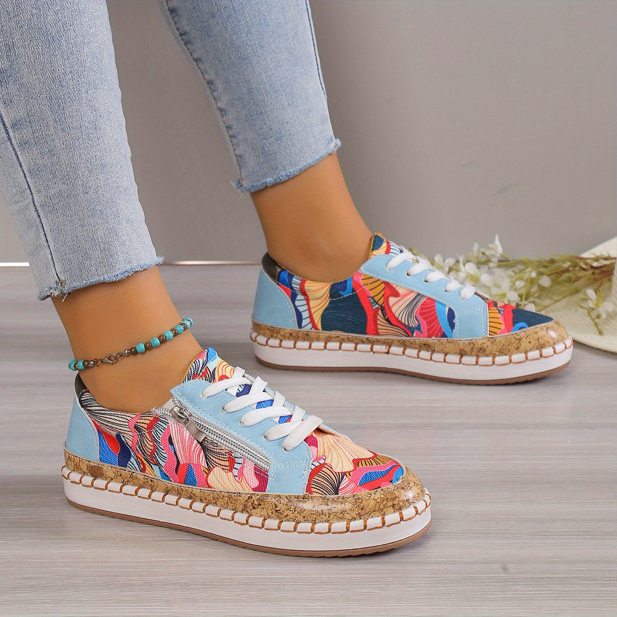 Women's Tribal Print Sneakers Low Top Lace Up Shoes