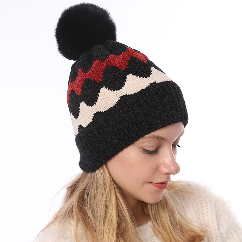 Wave Pom Beanie Women's Winter Soft Knit Beanie Hat With Pom Pom