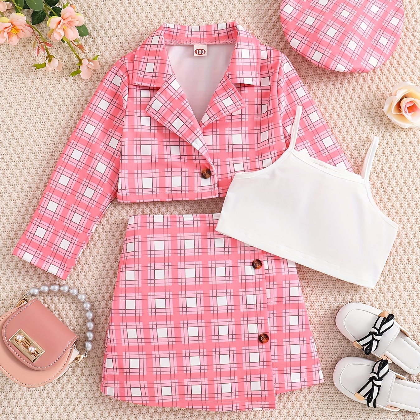 Girl's 4pcs Plaid Blazer & Beret Hat Set