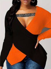 Casual Sweater Women's Plus Colorblock Long Sleeve