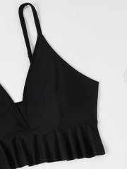 Sexy Bikini Set: Solid V Neck Ruffle Bra & Tropical Print Ruched Panty