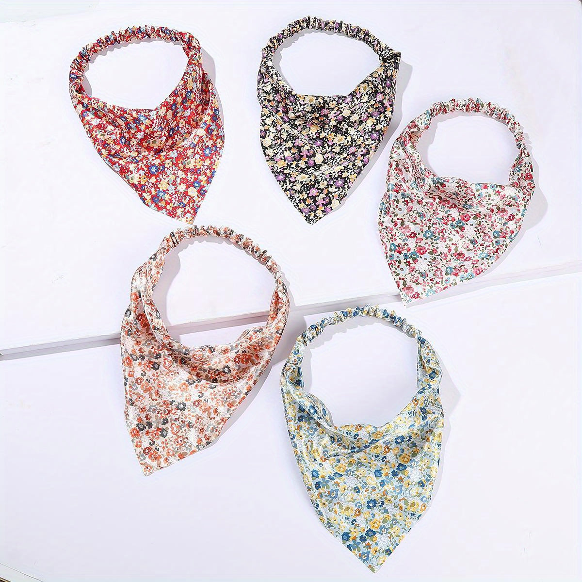 5pcs Flower Print Bandanas Elastic Triangle Scarf Headband Boho Kerchief
