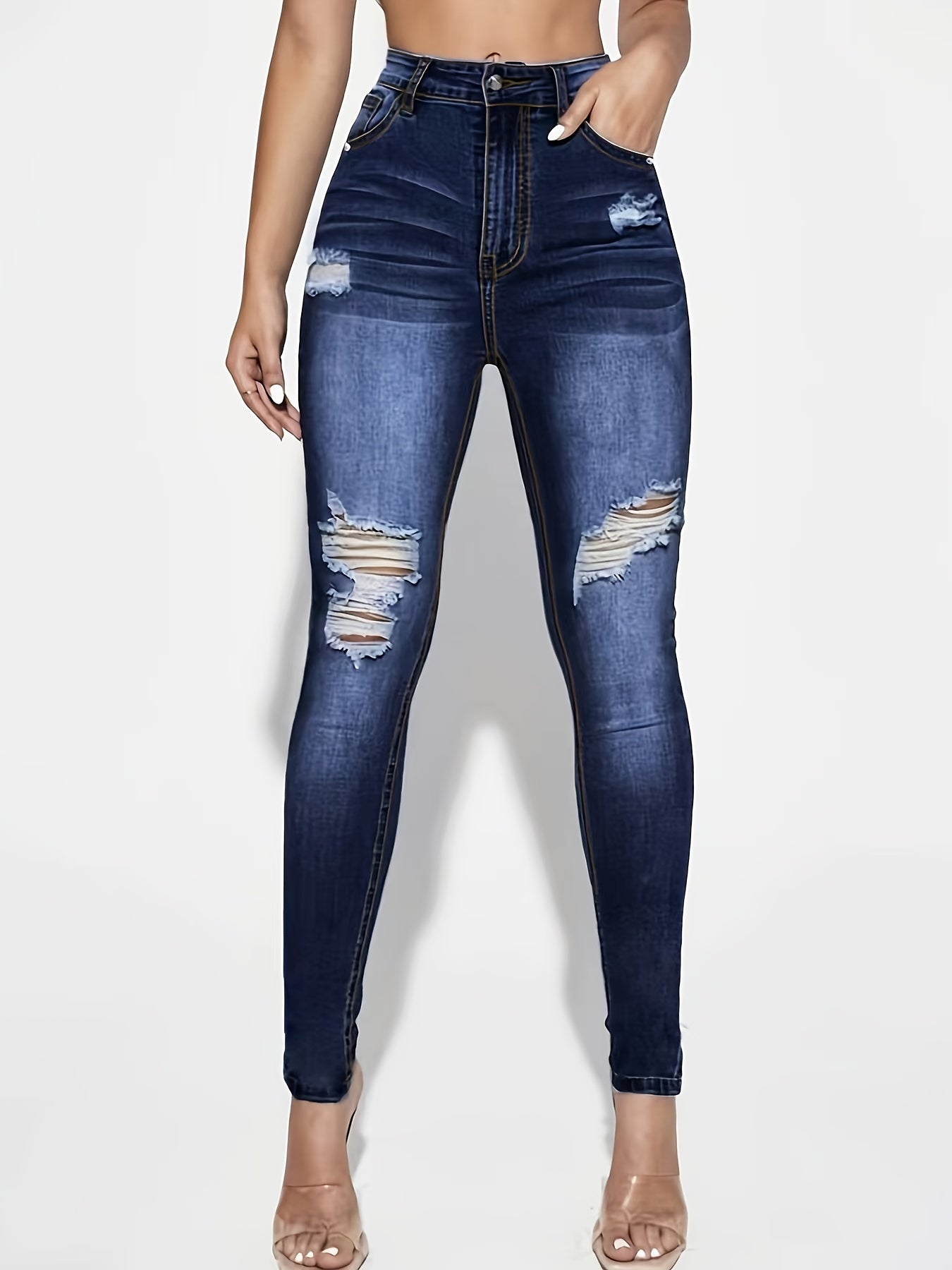 High Rise Ripped Thigh Skinny Jeans Dark Denim Pants