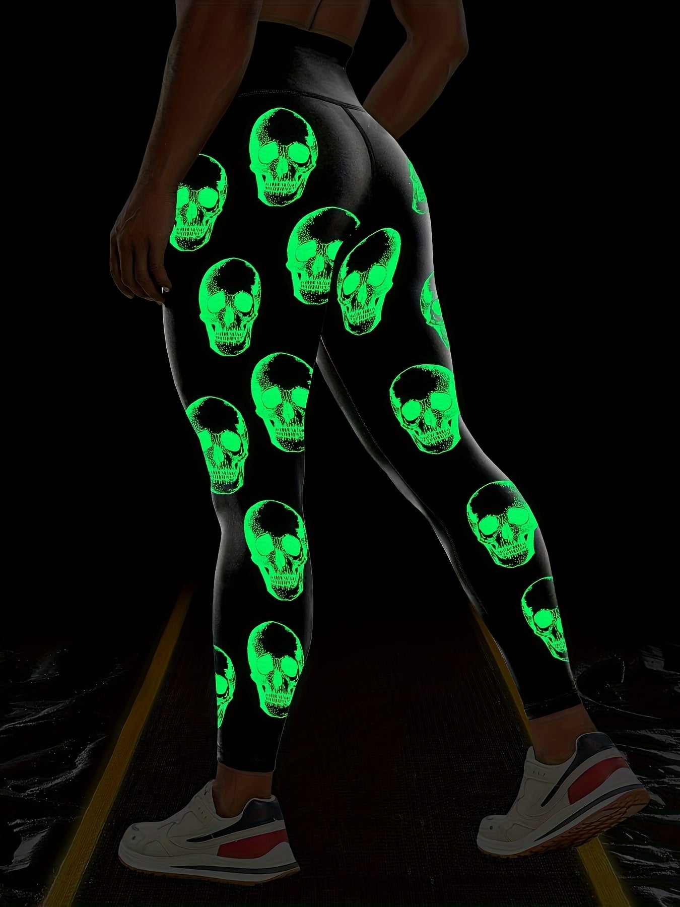 Skull Print Glow-in-the-Dark Leggings High Waisted Elastic Leggings